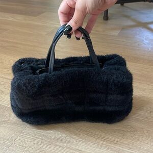 ZARA Black Faux Fur Top Handle Zip Closure Handbag